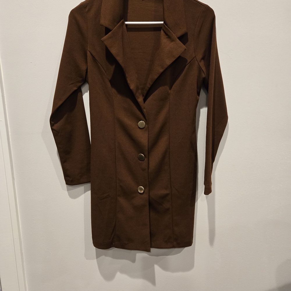 Women's Brown Long Blazer Coat - Classic Button Front